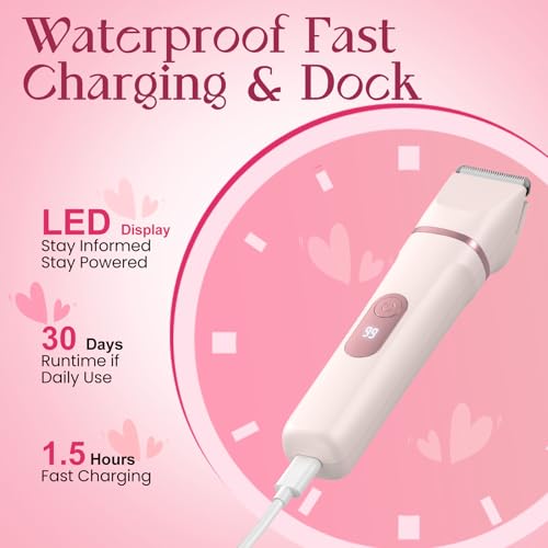Bikini Trimmer for Women, 3-in-1 Lady Shaver with LED Display, Electric Razor for Women, Pubic Hair Trimmer, IPX7 Waterproof Wet & Dry, Ceramic Blade, USB Charging Dock, Pink