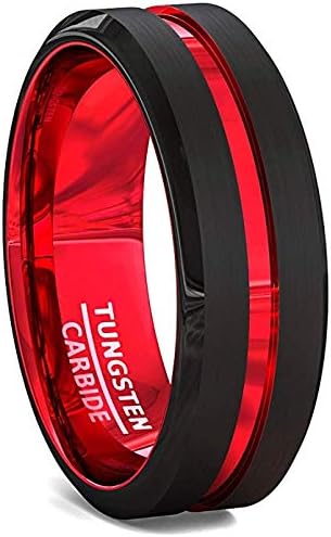 QUEENWISH6/8mm Red/Green&Black Tungsten Carbide Ring Mens Two Tone Wedding Bands Groove Beveled Edge Brushed Engagement Couples Rings