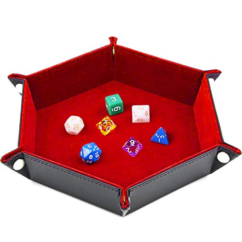 SIQUK Double Sided Dice Tray, Folding Hexagon PU Leather and Burgundy Velvet Dice Holder for Dungeons and Dragons RPG Dice Gaming D&D and Other Table Games