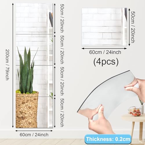 Augshy 4 Pack Self Adhesive Mirror 50x60cm Adhesive Mirror Tiles 2MM Thick Acrylic Stick On Wall Mirrors Sheets Removable Mirror Stickers for Home Decoration