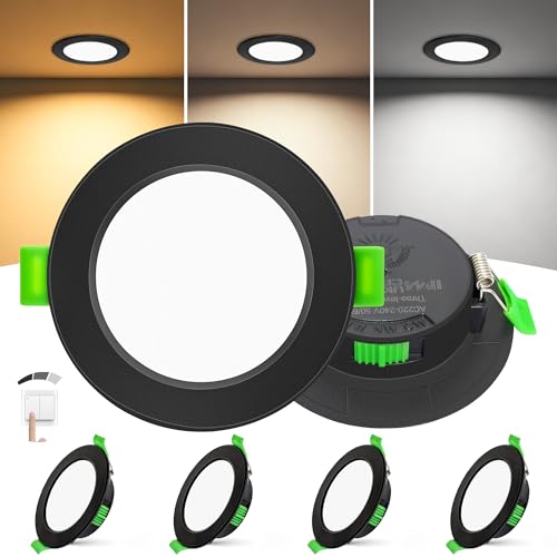 Laiebri Pack of 4 Recessed LED Spotlights Extra Flat 25 mm, 6 W, Dimmable 3 Intensities without Dimmer, 2700K 4000K 6000K, IP44 Portholes LED Ceiling, Cut Ø58-68 mm 230V, Black