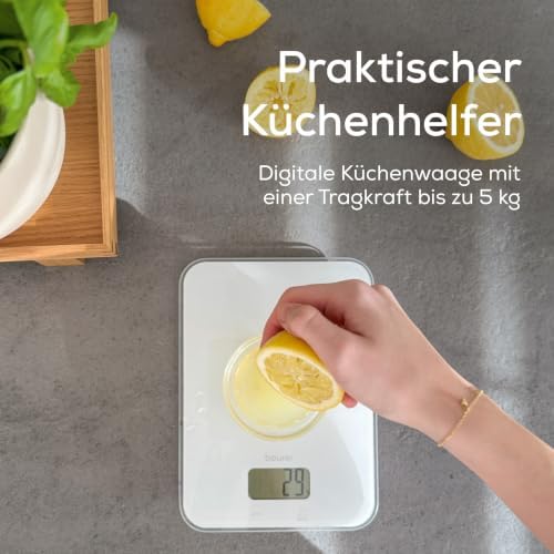 KS 19 Pure White digitale Küchenwaage, Tragkraft bis zu 5 kg (1-g-genaue Einteilung), Haushaltswaage mit Sensor-Touch, Lebensmittelwaage inkl. Batterien, ultraflaches Design, weiß