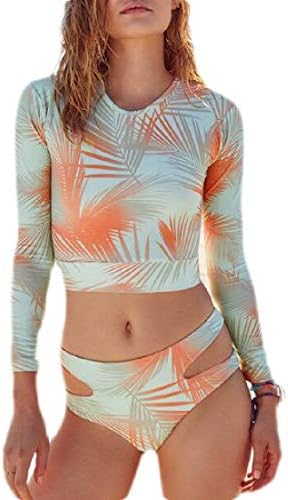 dahuo Women Zip Front Floral Print Long Sleeve One Piece Swimsuit Rash Guard Swimwear