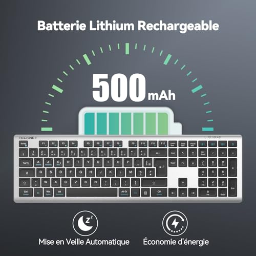 TECKNET Ultra-Thin Rechargeable Wireless Keyboard, 3 Channel Multi-Device Bluetooth Keyboard, Silent Soft Keyboard, Compatible with Mac OS and Windows, Stable Connection and Long Battery Life