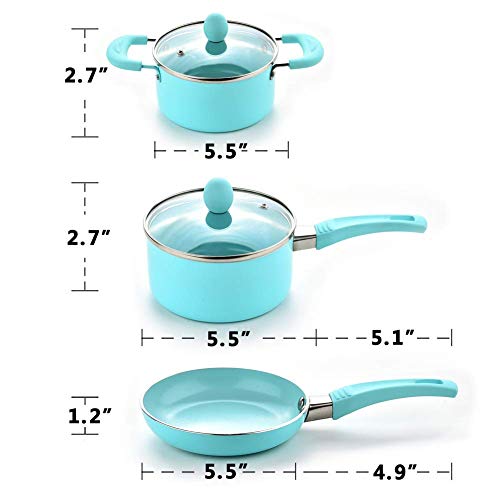 Caannasweis 3 Piece Cookware Set, 5.5" Nonstick Frying Pan, sauce pan and soup pan with glass lid set (Light Blue)