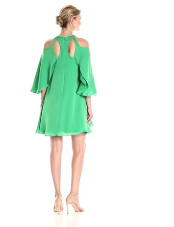 Halston Heritage Women's Short Sleeve Cold Shoulder with Round Neck Flowy Dress