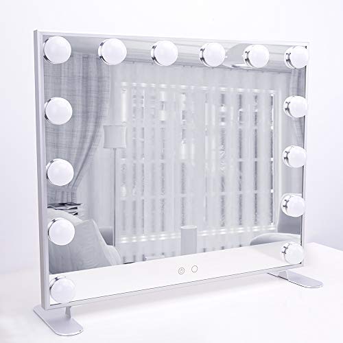 Melur Hollywood Makeup Mirror with 14 LED Lights,Touch Control Large Cosmetic Vanity Mirror with Dimmable Bulbs, Aluminium Frame Tabletop or Wall Mounted Vanity Mirror in Silver