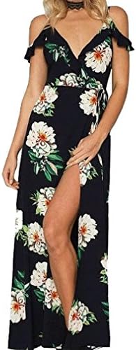 HONEY BOUTIQUE Women's Summer Ruffle Split Cold Shoulder Strap V Neck Floral Maxi Dress