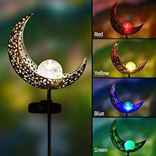 Solar Pathway 5 Colors Lights Outdoor - Moon Crackle Glass Globe Garden Stake Metal Lights, Led Solar Landscape Lights, Waterproof Auto On/Off Sun Powered Lighting Garden Decor, Patio