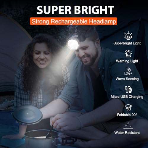 Sloworld LED Rechargeable Headlamps 6 Modes Headlight 90° Wide Beam with Sensor Function Perfect foe Running Hiking and Camping