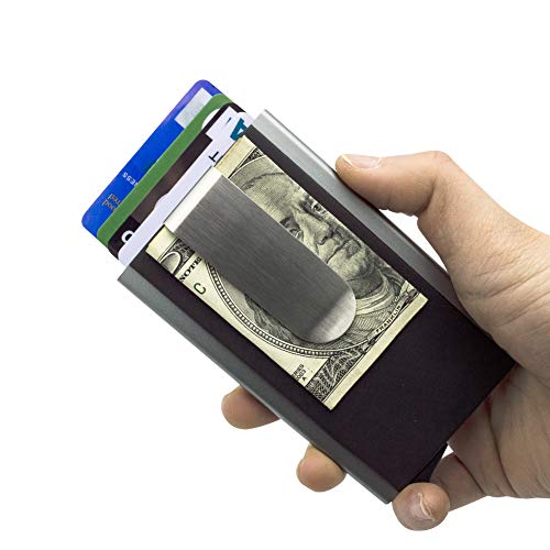 Mosiyeef RFID Blocking Aluminum Card Wallet Stainless Bill Money Clip Pu Leather Automatic Pop-Up Card Holder Front Pocket Minimalist Credit Card Id Card Smart Card Case Card Keeper Business Card,gray