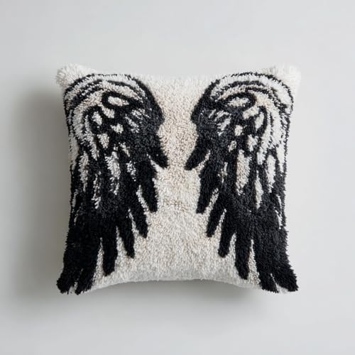 Latch Hook Pillow Kit Black and White Angel Wing with Pre-Printed Pillow Cover DIY Pillowcase Crochet Yarn Hooking Craft Set for Hobby and Home Decor 43x43cm-2
