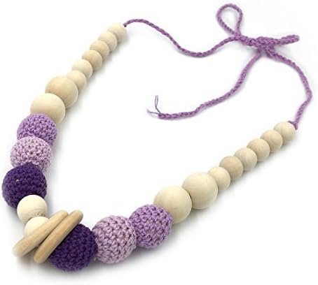 Amyster Purple Crochet Beads Baby Teether Necklace Beads Safe Teething Necklace with Organic Natural Handmade Wood Toy Mom Kids Wooden Teether Necklace