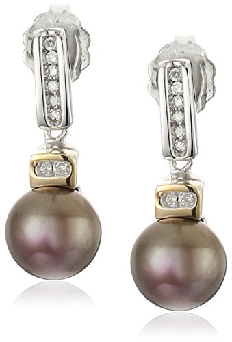 Sterling Silver and 14k Yellow Gold 7mm Chocolate Freshwater Cultured Pearl and Diamond Earrings (0.06 cttw, I-J Color, I3 Clarity)