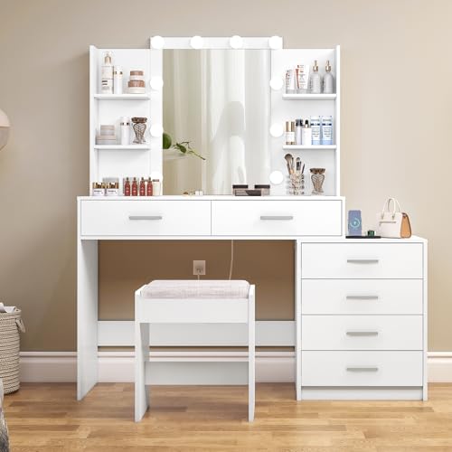 TEENFON 48” W Vanity Desk Set with Stool, Makeup Vanity with Mirror & Power Outlet, 6 Drawers, 6 Open Shelves, Vanity Table with 3 Light Color for Women, White