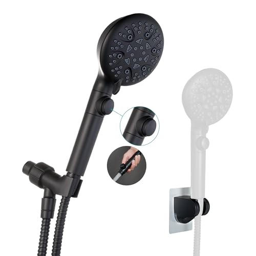 GwernKB Handheld Shower Head with On Off Switch,8-mode High Pressure Shower Wand with Long Hose and Bracket Extra Adhesive Holder for Lower Mount,Built-in Power Wash to Clean Tub,Tile & Pets,Black…