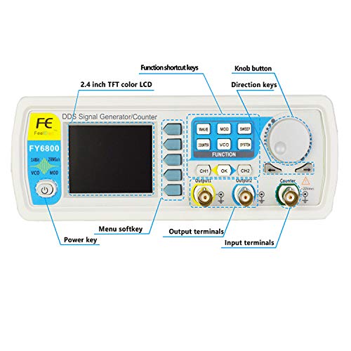 DOMINTY Function Generator AC100-240V FY6800 60MHz Double Channel DDS Function Arbitrary Waveform Signal Generator Frequency Meter 250MSa/s Sine Square/Triangle/Pulse/Sawtooth Wave/Staircase Wave