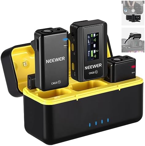 NEEWER CM28 Wireless Lavalier Microphone, Smart Noise Cancelling Lav Mic, 48KHz/16Bit 9hrs Uncompressed Recording, 200m Range, 4GB Storage for iPhone, Android, Camera, 1 RX + 2 TX + Charging Case