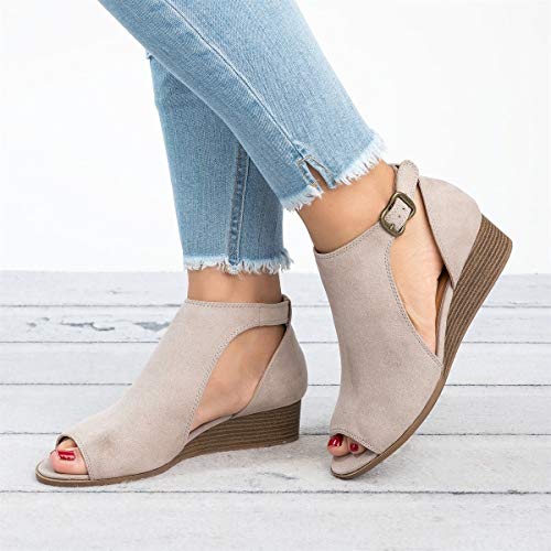 PiePieBuy Women's Cut Out Espadrille Platform Wedge Sandals Ankle Strap Peep Toe Suede Shoes - Thumbnail 3