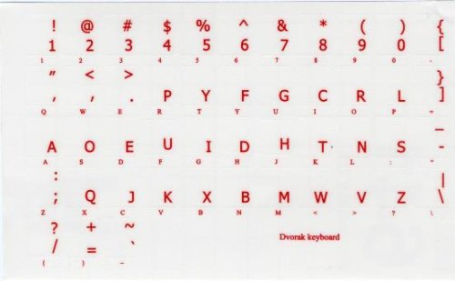 DVORAK SIMPLIFIED KEYBOARD STICKERS WITH RED LETTERING ON TRANSPARENT BACKGROUND