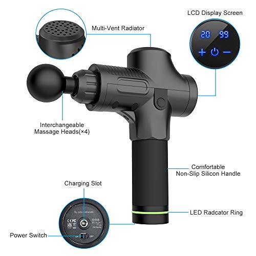Massage Gun, 20 Speeds Adjustable Professional Handheld Deep Tissue Percussion Muscle Massager Quiet, 4 Heads Cordless Electric Massage Device for Pain Relief & Sports Relaxation (Black)