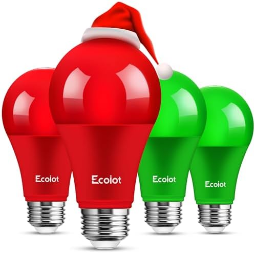 Red and Green Light Bulbs, 9W (60W Equivalent), 120V E26 Base A19 LED Halloween Christmas Light Bulb, Colored Bulb, Red and Green Bulbs for, Porch, Home Lighting Halloween Decorations Outdoor 4 Pack