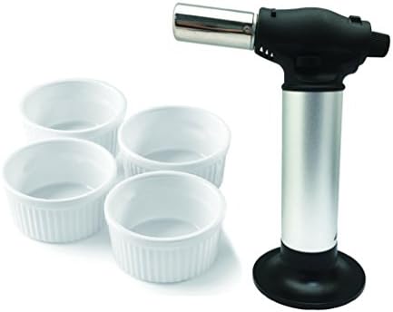 A-ONE KITCHEN TOOL Silver Culinary Creme Brulee Cooking Blow Torch Burner with 4-Piece White Round Porcelain Ramekins