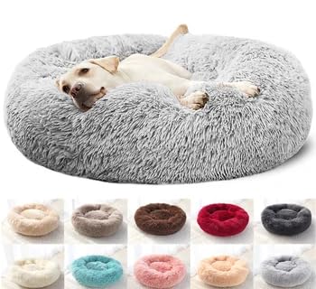 Original Calming Donut Dog and Cat Bed in Shag Fur, Dog Beds for Large Dogs, Anti Anxiety Round Fluffy Plush Faux Fur Pet Bed (Light Grey, 40x40) Image