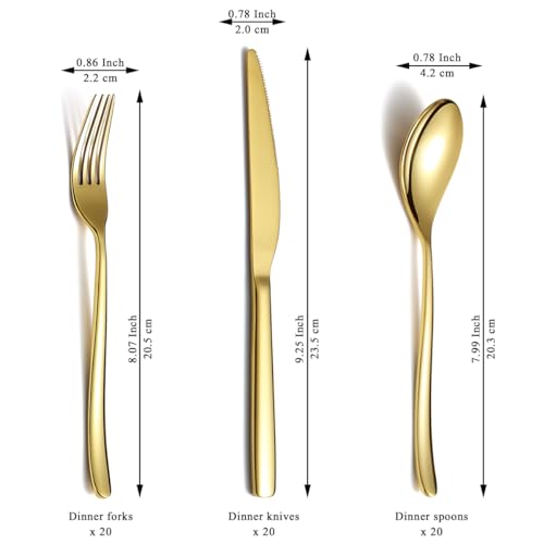 Berglander 60pcs gold wedding cutlery set for 20, titanium plated stainless steel flatware, gold spoon fork knives for home, wedding, restaurant