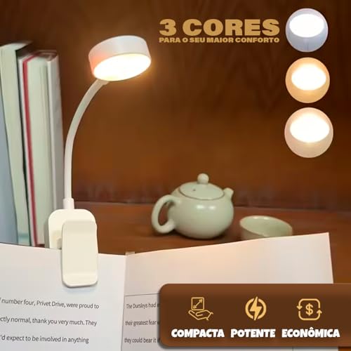 Luz de Leitura Para Livro LED Luminária de Livros - Quente Neutra Fria - Nível de Iluminação Ajustável - Ideal para Estudar ou Ler a Noite
