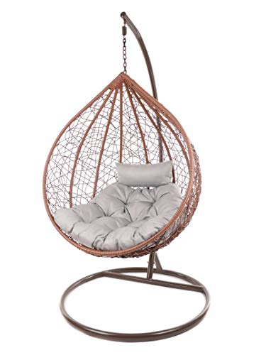 Kideo Set: Hängesessel mit Gestell und Sitzkissen, Loungemöbel, XXL, braun (Kissen: Chesterstepp hellgrau (8008 Cloud)) – Bild 3