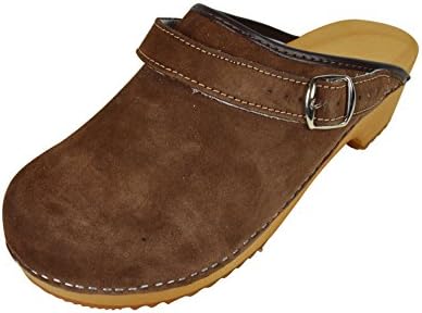 Buxa Men's/Women's Unisex Natural Suede/Wooden Clogs with Buckle/Back Strap