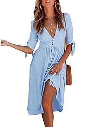 Gemijack Vestido de patinador de manga corta con botones y cuello en V para mujer