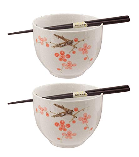 Happy Sales HSBS-CBWP2, Perfect 2 pc White and Pink Blossom Ramen Udon Noodle Soup Rice Cereal Bowls w/Chopsticks