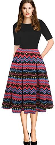 oxiuly Women's Vintage Patchwork Pockets Puffy Swing Casual Party Dress OX165