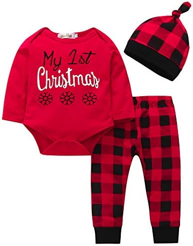 Sikye My 1st Christmas Bodysuit Tops Plaid Pants and Cap Infant Baby Girls Boys Outfits