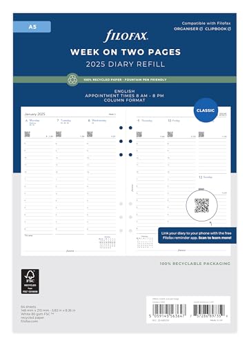 A5 Week on two pages English column format recycled paper 2025