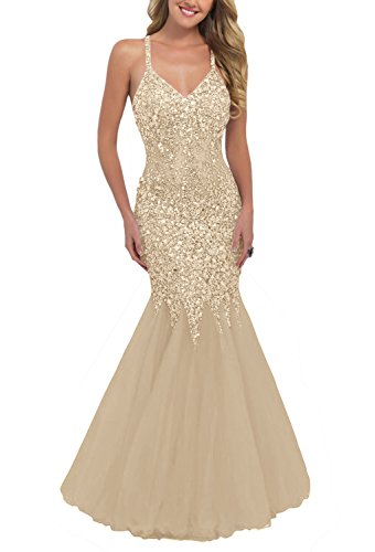 SDRESS Women's Crystals Spaghetti Straps Mermaid Prom Dress Want