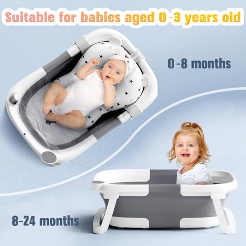 Rabb 1st Baby Bath Tub Foldable,Portable Bath Newborn to Toddler with Non-Slip Mat,Drain Hole,No Thermometer,Grey