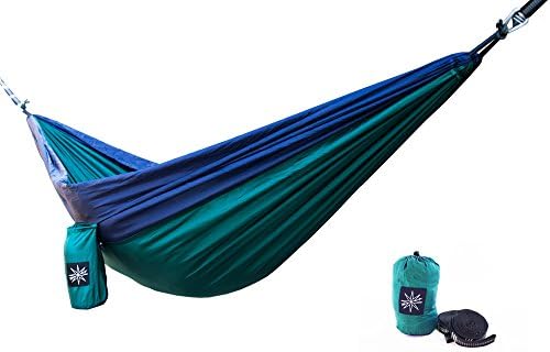 Compass Outdoors portable lightweight parachute hammock with premium nylon loop straps- for camping, hiking, travel, backpacking, yard. (Green/Navy Blue)