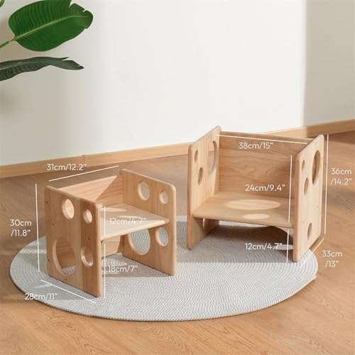 AM ANNA Montessori Wooden Table and Chair Set, Kids Natural Wood Construction, Kids Activity Desk with Storage, 38x36x33cm Table and 31x30x28cm Chair