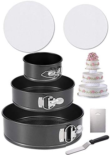 Springform Pan Set of 3 Non-stick Cheesecake Pan and 150-piece Parchment Paper Liners,Leakproof Round Cake Pan Set Includes 3 Piece 4" 7" 9" Springform Pan, Icing Spatula and Icing Smoother