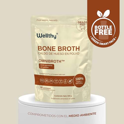 Wellthy Bone Broth Sabor Natural 340g. Caldo de Hueso en Polvo Grass Fed OMNIBROTH™, 10.64g de Proteina por Porción, Incluye Scoop, Sugar Free, Gluten Free, Bottle Free.