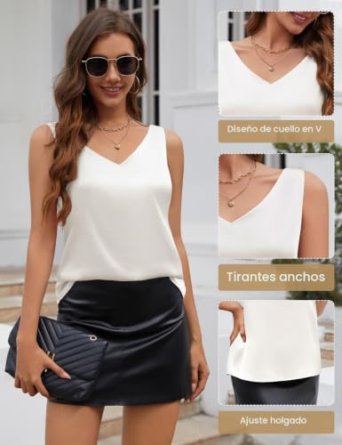 CMTOP Women's Sleeveless Shirt V Neck Satin Camisole Top Elegant Sexy Blouse Shirt Casual Cami Tank Tops
