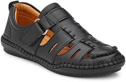 DEN ROB Men's Black Synthetic Leather Athletic & Outdoor Sandals