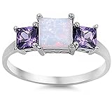 New Princess Cut White Australian Opal & Simulated Amethyst .925 Sterling Silver Ring Sizes 5-10