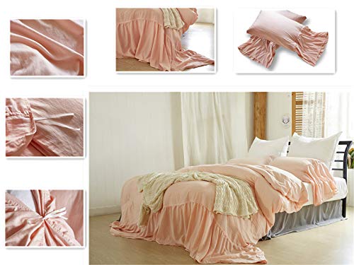 Moowoo Vintage Farmhouse Bedding, 3 Pieces Ruffle Duvet Cover Set 100% Washed Cotton Romantic Mermaid Tail French Country Style Duvet Cover with Ties (Pink, Queen)