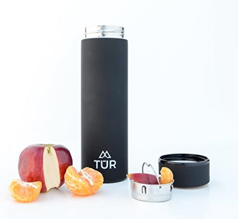 TUR Hydration Colorful Stainless Steel Double Wall Vacuum Insulated Water Bottle - 16oz - Eco-Friendly &amp; BPA Free - Perfect For Kids, Gym, School, Office - Keeps Hot or Cold - TEA INFUSER (Black)