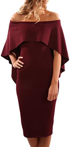 QiKa Womens Off Shoulder Ruffles Evening Party Bodycon Midi Pencil Dresses,Wine,L