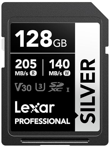 Lexar Silver SD Karte 128GB, UHS-I SDXC Card 205 MB/s Read Speed, 140 MB/s Write Speed, V30, U3, C10, 4K UHD Video, SD Card Memory Card with Lexar Lifetime Data